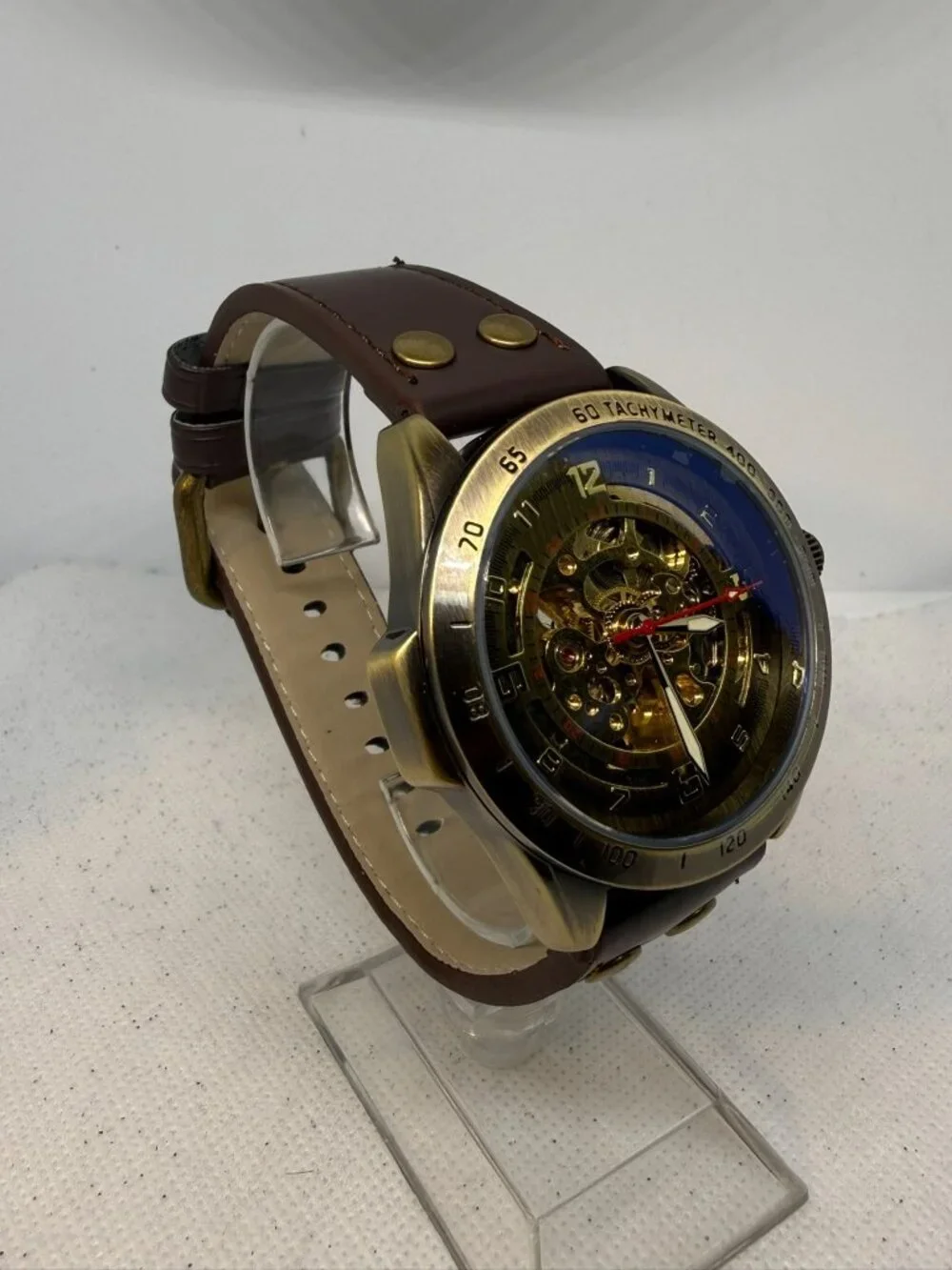 AMPM24 Steampunk Automatic Wind-up Skeleton Watch Bronze Case Brown Leather Band
